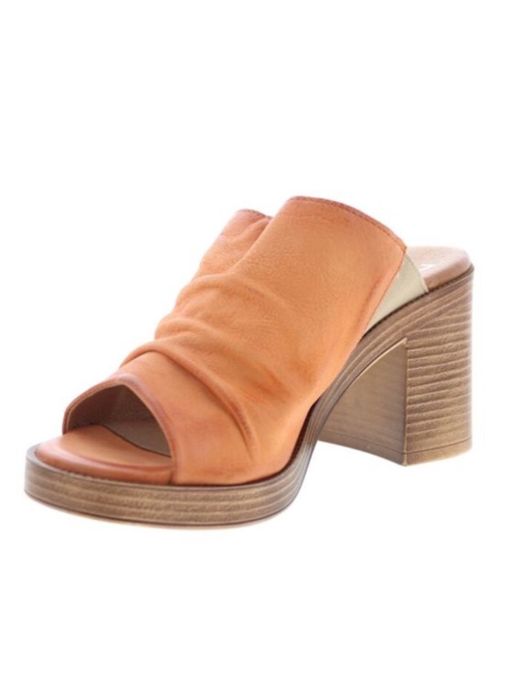 Miz Mooz NWT Women’s Orange Apricot Brown Ruched Open-Toe Block Heel Mule Sz: 42